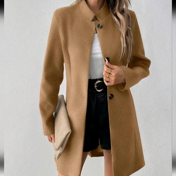 Camel Button-Up Fitted Long Sleeve Women Jacket - Picture 2 of 7